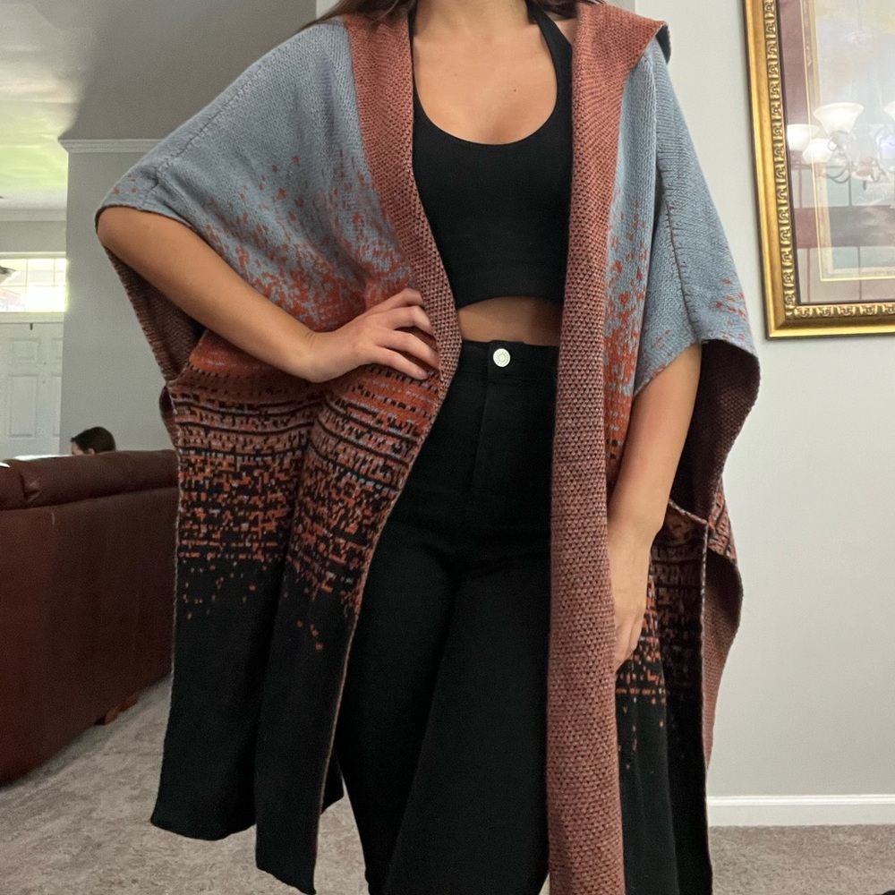EUC Hooded Multicolor Poncho Sweater